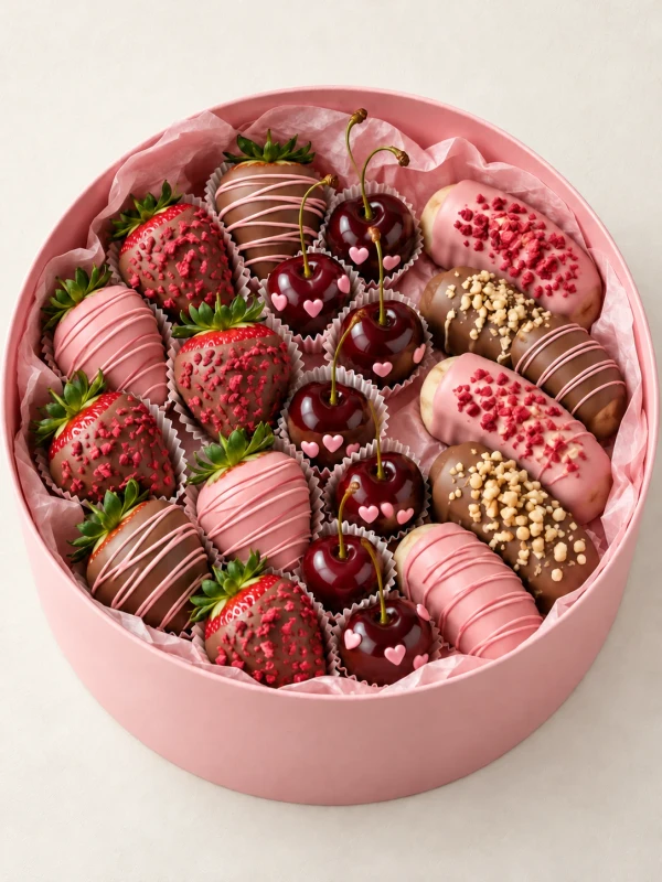 Фруктовый бокс "Pink Sweetie" — «Фруктовый бокс Pink Sweetie» — фруктовый набор Dolce Sweets из 2 ягод клубники в белом шоколаде, 1 ягоды…